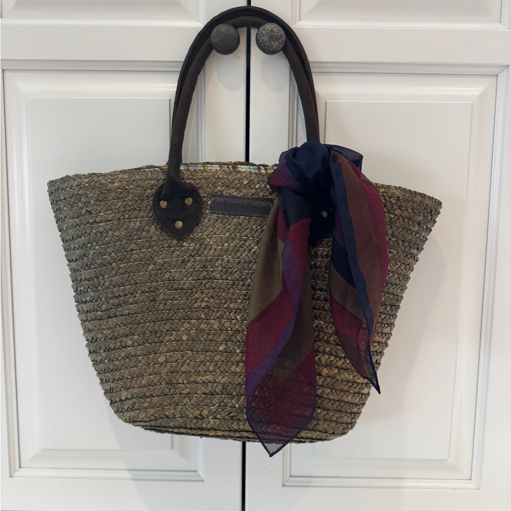 Crabtree & Evelyn Straw Tote with Burgundy and Navy Scarf